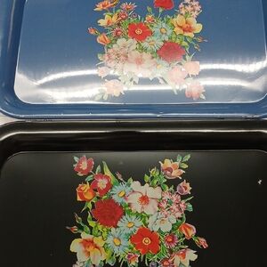 Floral Vintage Decorative Trays in Blue and Black